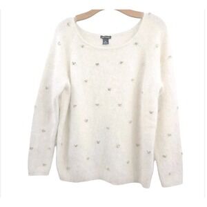 Club Monaco Sweater Women's Large Jeweled White Angora Rabbit Hair Blend Fuzzy